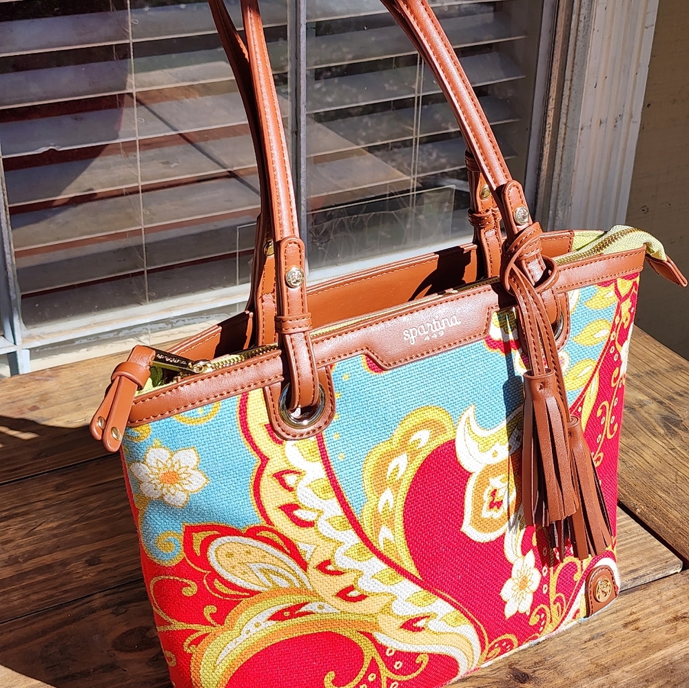 Spartina 449 Daufuskie Island linen Boho Cottagecore Floral purse tote bag Tassl - Picture 3 of 13